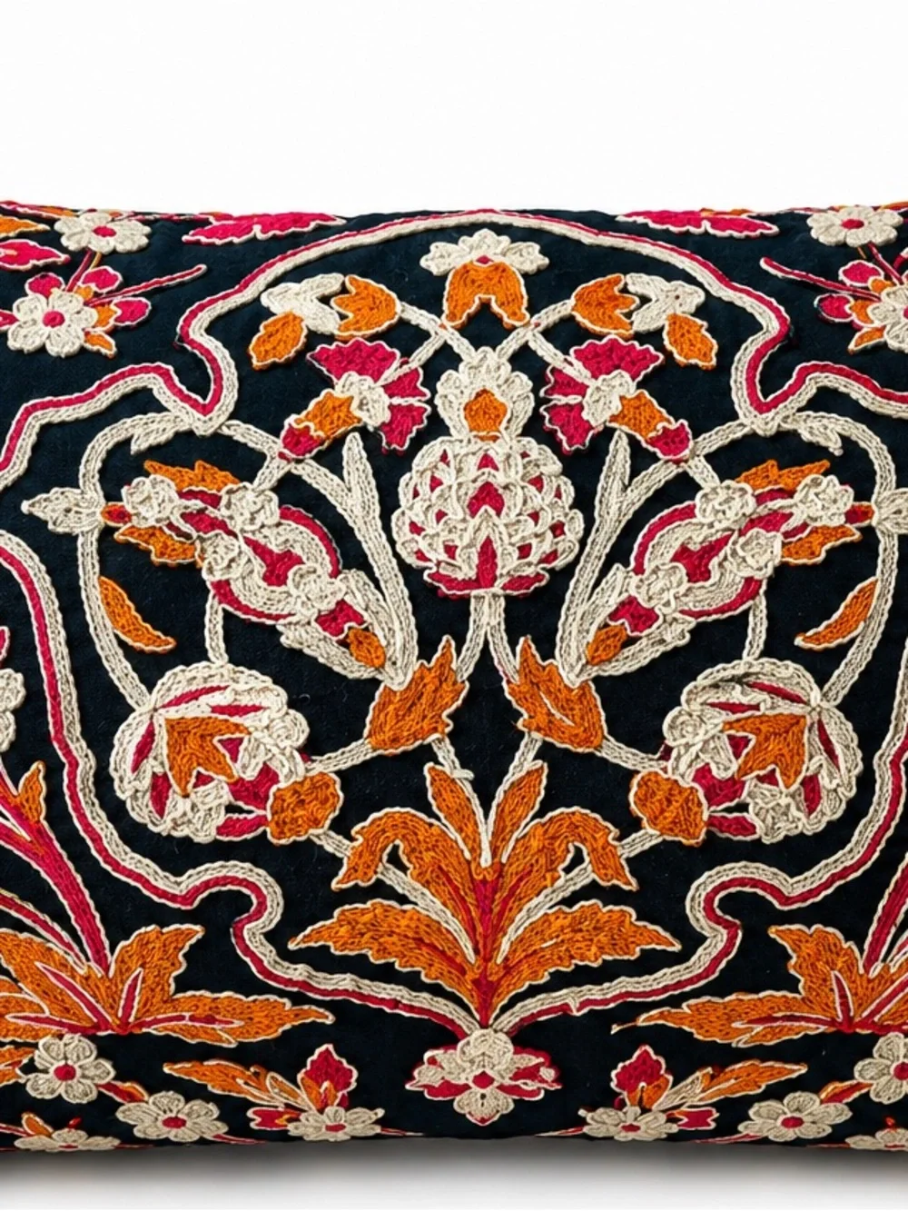 Envogue Navy Blue Orange & Cream Embroidered Accent Pillow Down Fill Tassels